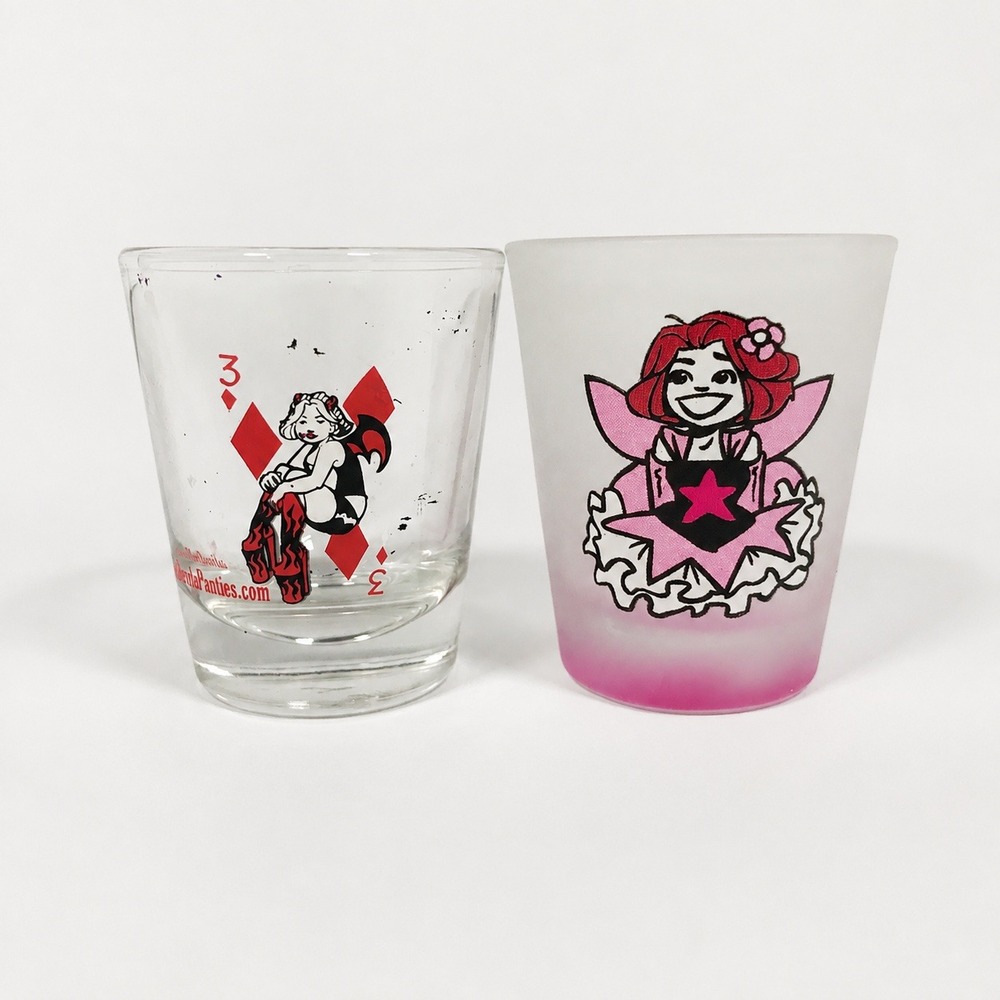The Devils Panties Comic Shot Glass Set Clear Frosted Pink Fairy Graphic Barware